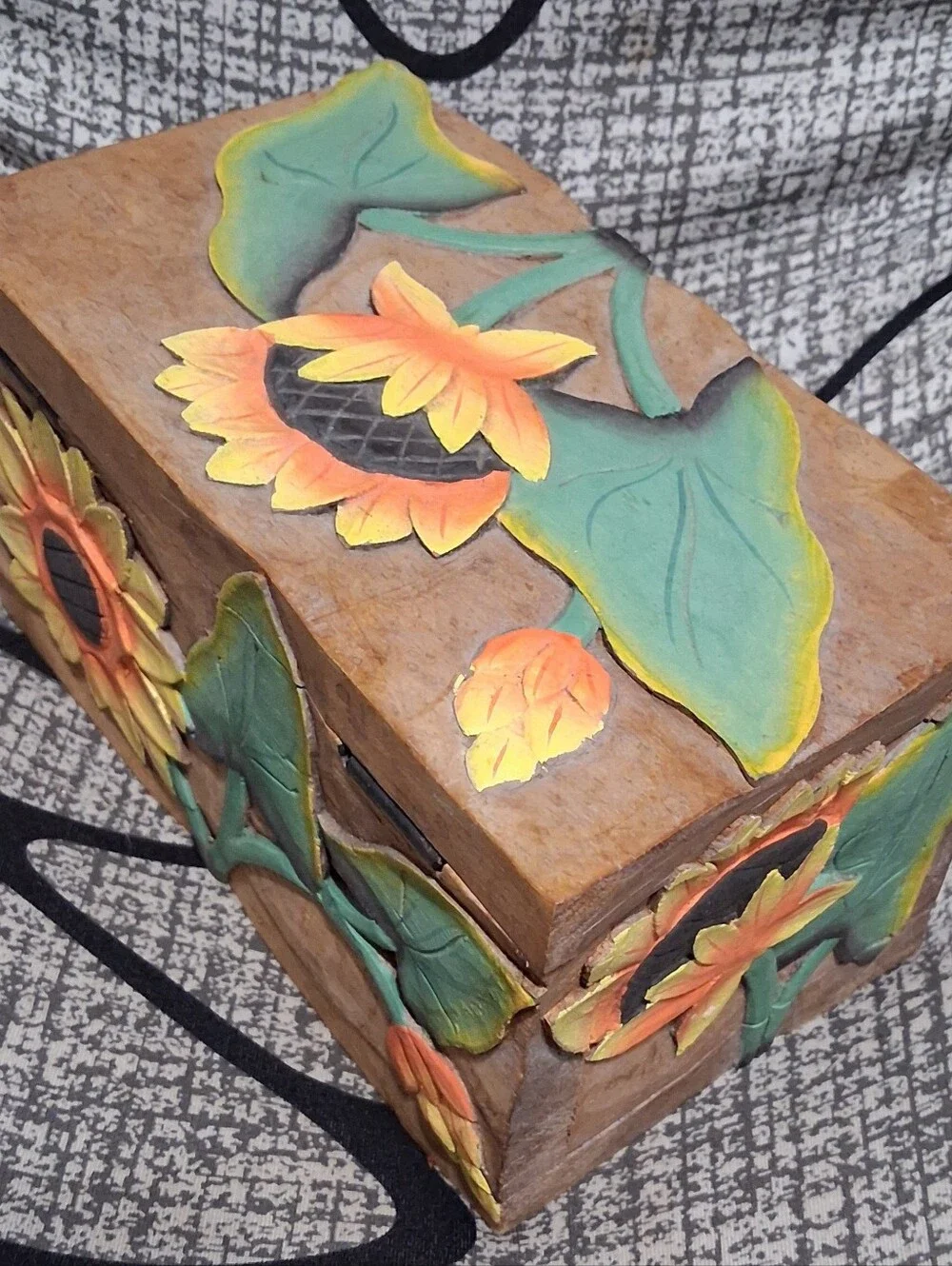 Hand-Painted Wooden Sunflower Storage Box - Multicolor